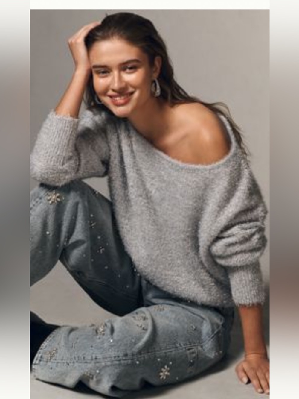 Nwt Cozy Off-Shoulder boatneck fuzzy shimmer Knit Sweater - Light Gray